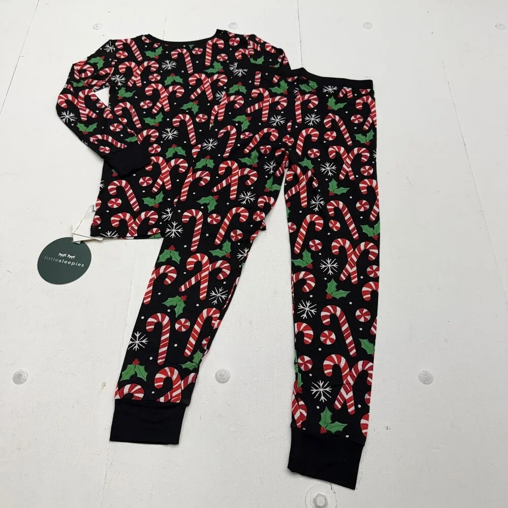 Little Sleepies Pajama Set Kids 7-8 Black Merry Mints Candy Cane 2 Piece PJs